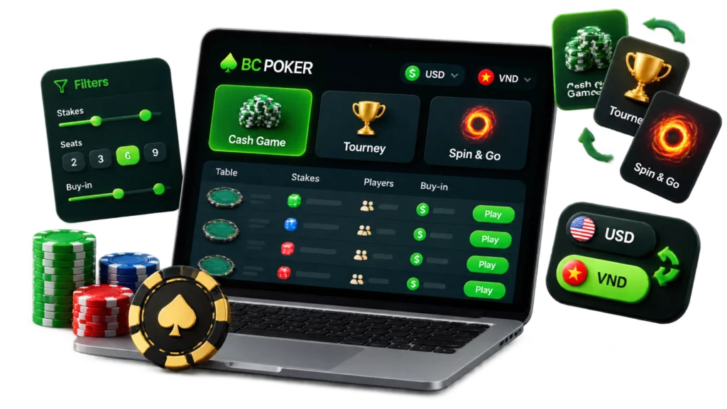BCPoker game formats cash games tournaments Vietnam